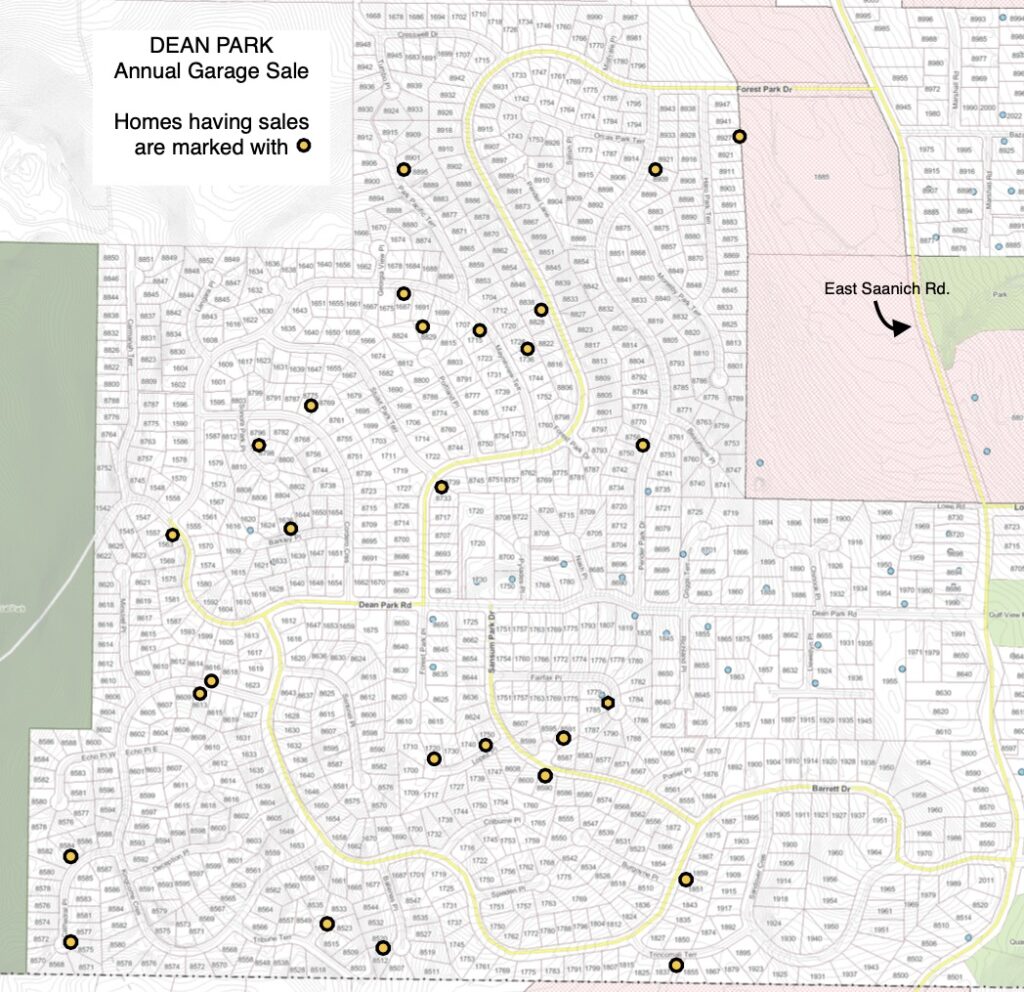 Map of Dean Park with garage sales marked